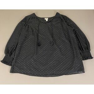 Ava & Viv Blouse Top Plus Size 2X Black Sheer Metallic Dot Long Sleeve Tasseled‎